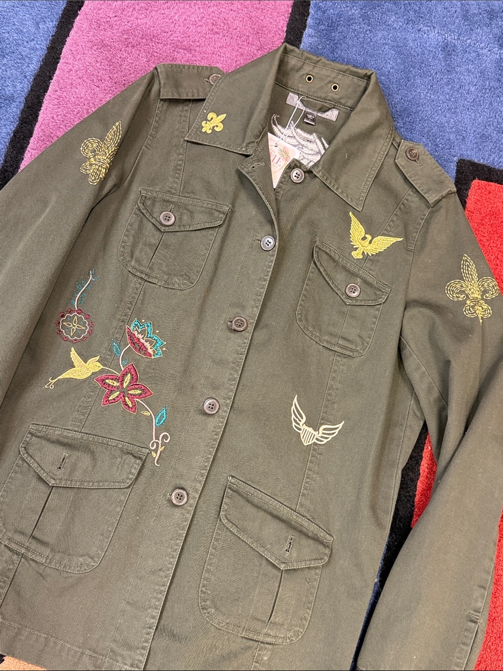 True Meaning Olive Green Embroidered Utility Jacket Size Large